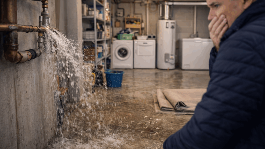 Lekkasje i en vaskekjeller. Ring Rørleggervakt Nordstrand hvis du bor i området, når som helst på døgnet.