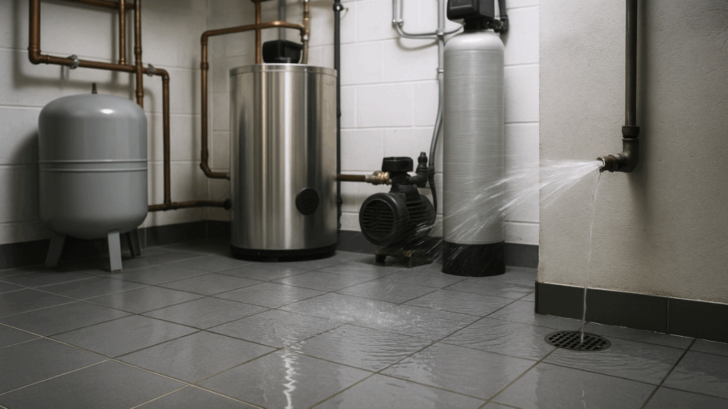 Rørleggervakt Skøyen – rask hjelp når rør problemene ikke kan vente, slik som på det tekniske rommet som vist på bildet med en vannlekkasje