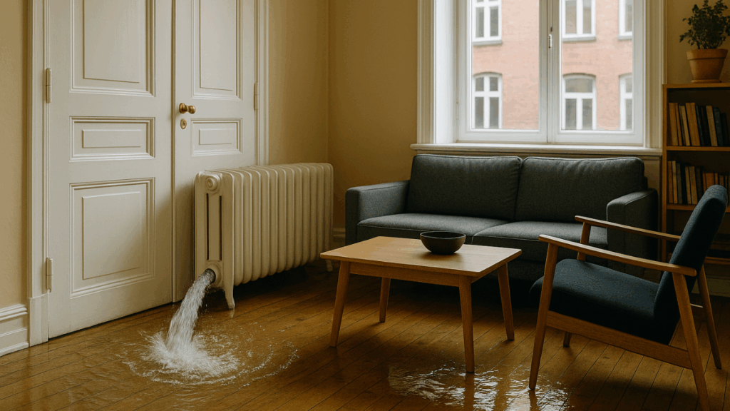 Bilde som viser en radiator med vannlekasje, ring Rørleggervakt Torshov og så kommer vi å hjelper deg