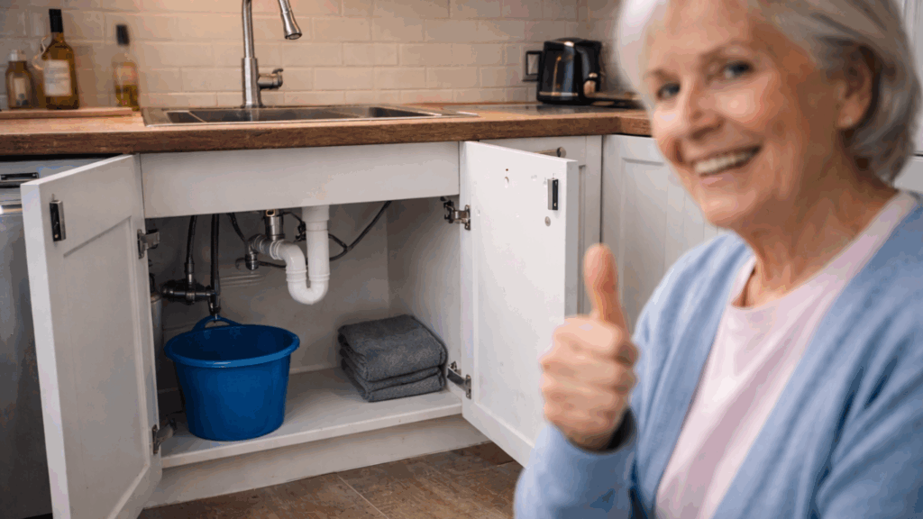 Her har rørleggervakta vært og løst problemet, og damen er fornøyd