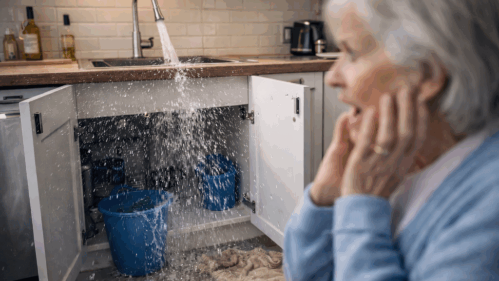 eldre dame med et vannlekasje på kjøkkenet. Hun trenger kanskje Rørleggervakt Ullern