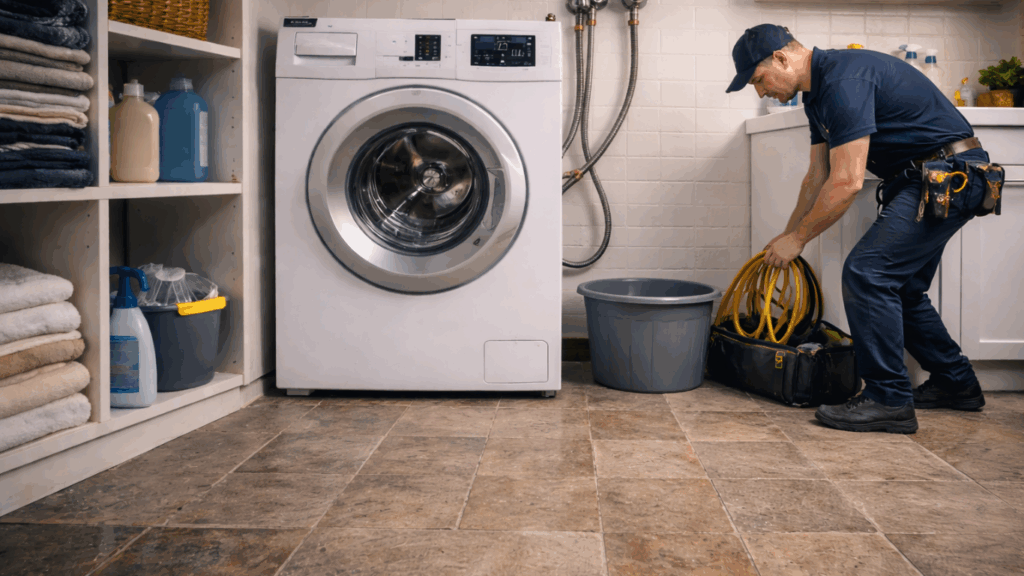 Her er vaskerommet fikset og rørleggeren rydder seg ut.