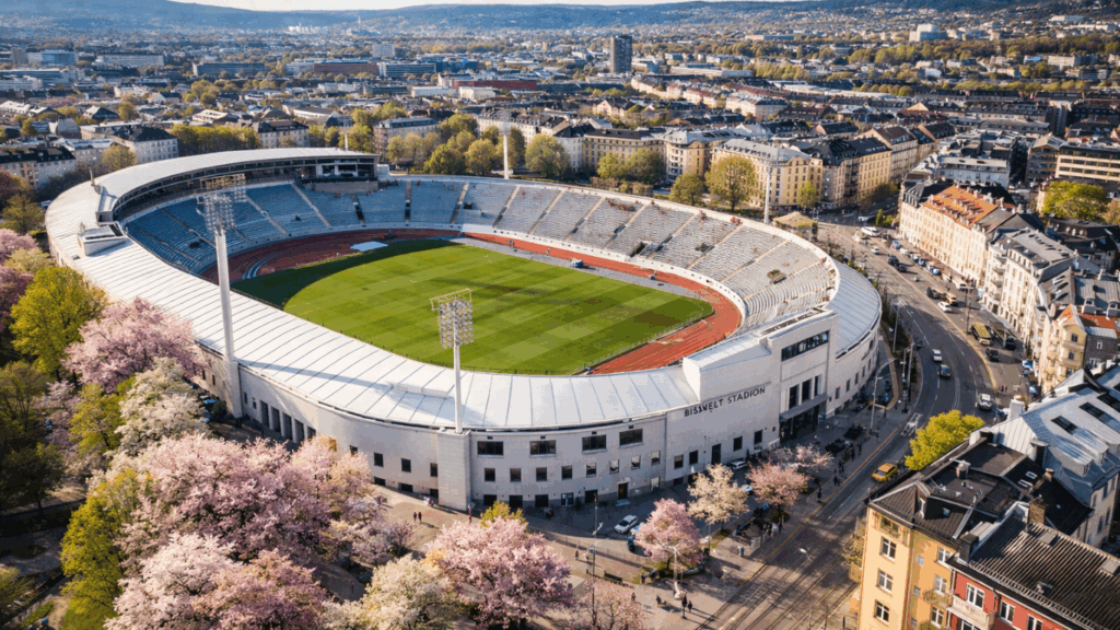 Rørlegger Bislett illustrert ved et bilda av Bislet stadion i vårblomstring