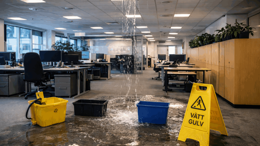 Kontorlokale med vannlekkasje over himling. Trenger Rørleggervakt Bryn.