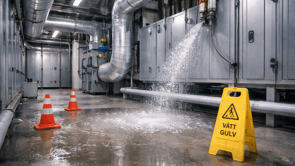 Vannlekkasje i ventilasjonsrom - ring rørleggervakt helsfyr om du er i området og har problemer